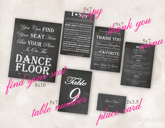 Wedding - Wedding Reception SET of 6 (Thank you, Place, Menu, I Spy, Seating and Table numbers)  chalkboard with white font Instant Download