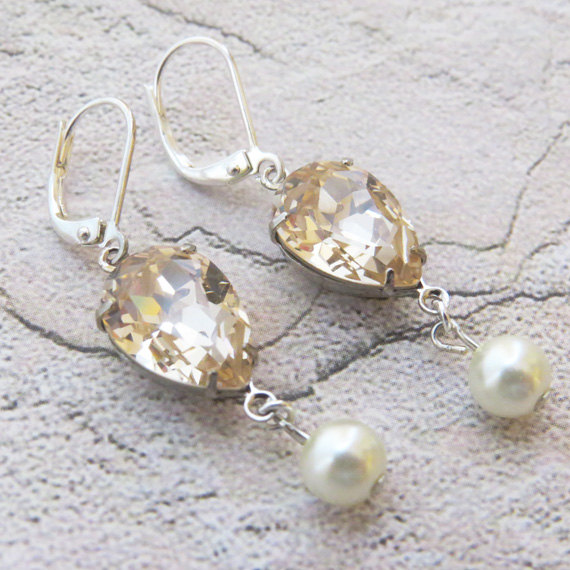 Mariage - Champagne Earrings Champagne Pearl Bridal Earrings Vintage Style Bridal Earrings Pearl Drops Wedding Jewelry Bridesmaid Gift