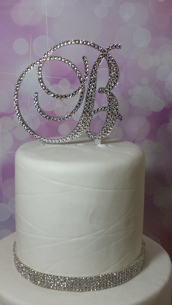 زفاف - 5" Tall Initial Monogram Wedding Cake Topper Swarovski Crystal Rhinestone Letter A B C D E F G H I J K L M N O P Q R S T U V W X Y Z