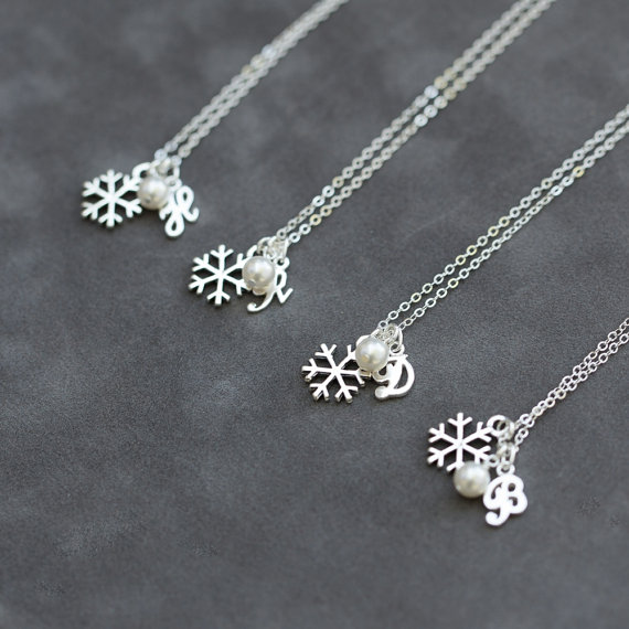 Wedding - Winter Bridesmaid Jewelry Set of 6, Custom Pearl Initial Necklace, Sterling Silver Snowflake Necklace, Winter Bridal Party Gifts