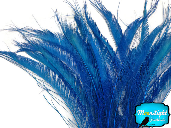 Wedding - Peacock Feathers, 5 Pieces - TURQUOISE BLUE BLEACHED Peacock Swords Cut Feathers : 3427