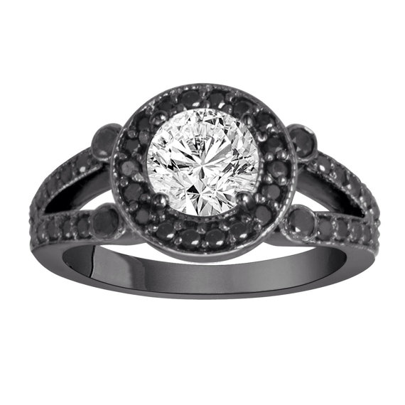 Hochzeit - 1.54 Carat White Diamond & Black Diamond Engagement Ring Vintage Style 14k Black Gold Unique Halo  HandMade