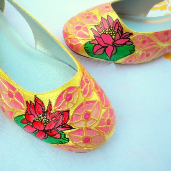 Wedding - Wedding Shoes Ballerina Flats lotus flower red orange pink chinese peacock feather art deco China