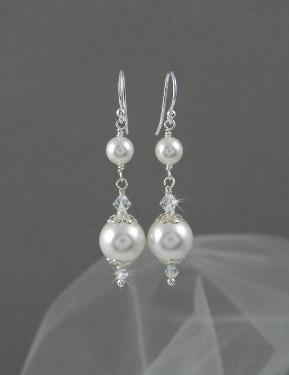 Hochzeit - Bridal Earrings Long Dangle Pearl wedding earrings Swarovski Wedding jewelry, Swarovski Pearls, Swarovski Crystals, Abigail Earrings
