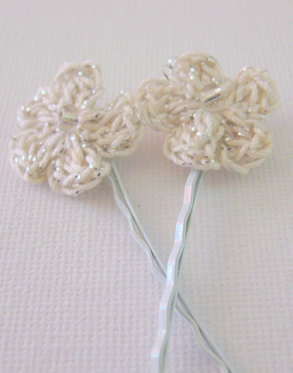 Hochzeit - Crochet Sparkles Fairy Flower Bobby Pins   Hair Accessories Set of Two Perfect For Weddings