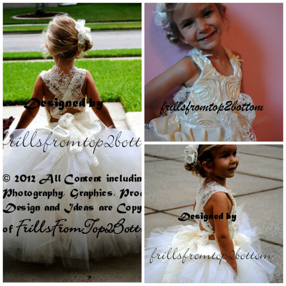 Wedding - Lace, Ivory, Rosette, Shabby Chic Flower Girl Dress . Halter Top Style. Full Multi-Layer Tutu Skirt . availabe in sizes up to a 5T