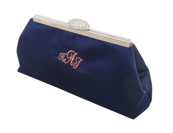 Wedding - Bridesmaid Gift Clutch, Navy Blue And Calypso Coral Monogram Bridal Clutch, Mother Of The Bride Gift, Bridal Shower Gift, Wedding Clutch