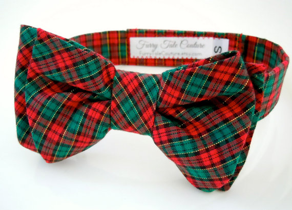 Wedding - Holiday Plaid Red Green Bow Tie for Dog or Cat - Any Size
