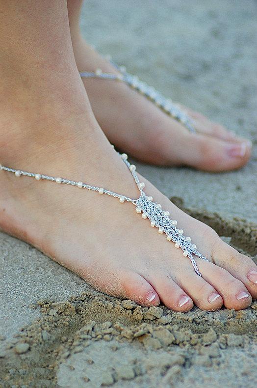 Hochzeit - Barefoot Sandals Foot Jewelry SIZE 7-10 Anklet Toe Ring Thongs Beach Destination Wedding Soleless Crochet