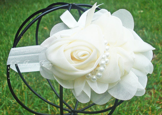 Wedding - Ivory Flower Headband, Chiffon Rose w/ Pearls Headband or Hair Clip, The Audrey, Baptism, Christening, Wedding, Baby Toddler Child Girls