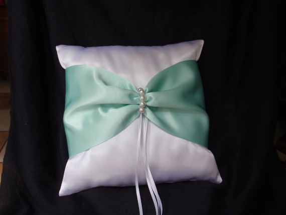 زفاف - White Mint Green Square Satin Ring Bearer Pillow Bow Pearls Pearl Wedding Bridal