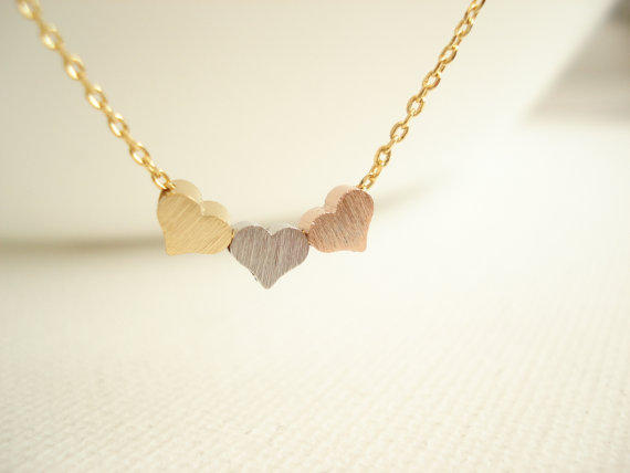 Hochzeit - Tiny three hearts necklace...Minimalist 3 tone, everyday simple, bridal jewelry, wedding, flower girl, bridesmaid gift, best friend gift