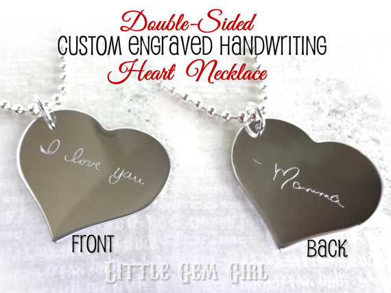Mariage - Double Sided Engraved Custom Handwriting Heart Necklace - Personalized Signature 1 inch Non Tarnish Stainless Steel Heart Charm Memorial