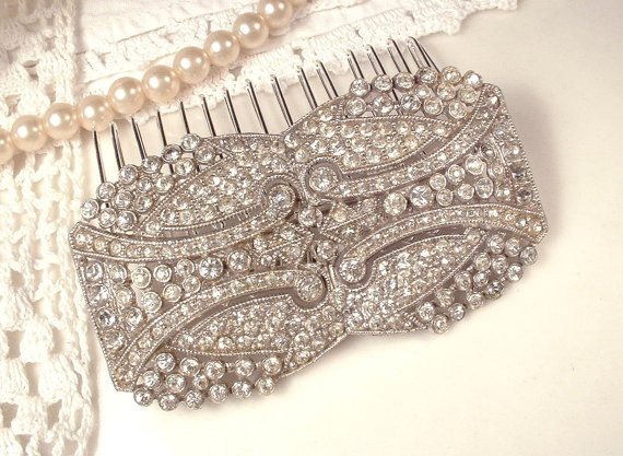 Свадьба - Original Art Deco Hair Comb OR Brooch, 1920 Vintage Clear Pave Rhinestone Wedding Sash Buckle Pin Bridal HairPiece Antique Gatsby Edwardian