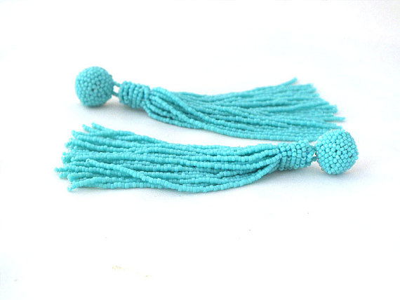 Mariage - Beaded tassel earrings - clip - on earrings in turquoise- statement seed beads earrings- long dangle earrings -bridesmaid earrings, beadwork