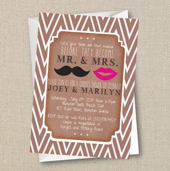 Hochzeit - Wedding Couples Shower Invitation - Mustache & Lips - Mr. and Mrs. - Chevron Digital Printable File