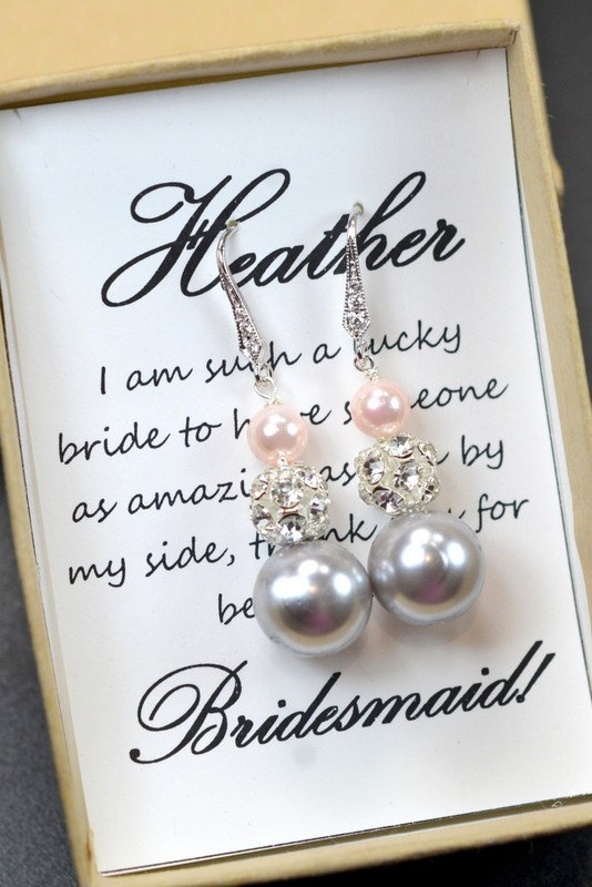 Wedding - Pink gray -Wedding Jewelry Bridesmaid Gift Bridesmaid Jewelry Bridal Jewelry  Pearl Drop  Cubic Zirconia NECKLACE
