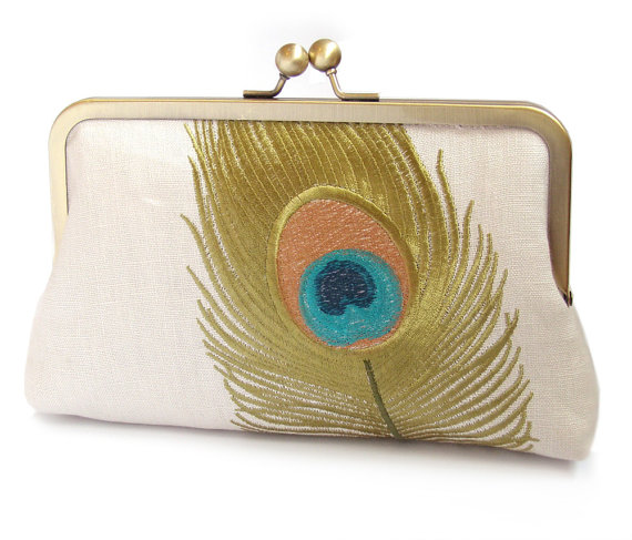 Wedding - SALE: Peacock clutch, embroidered linen purse / bridal / wedding accessory / bridesmaid gift