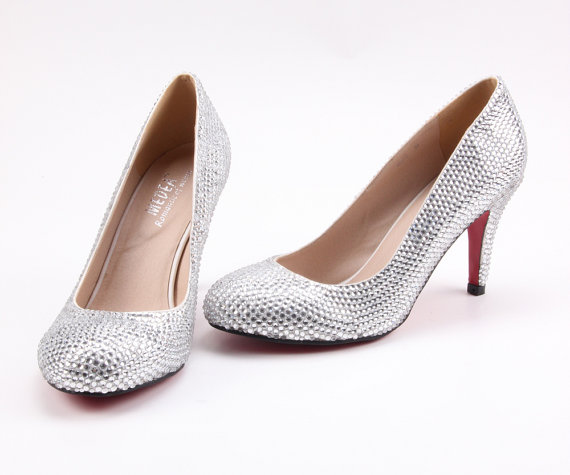 Hochzeit - Rhinestone Clear silver crystal bling wedding shoes , party shoes bridal bridalmaids shoes , prom pumps bling shoes