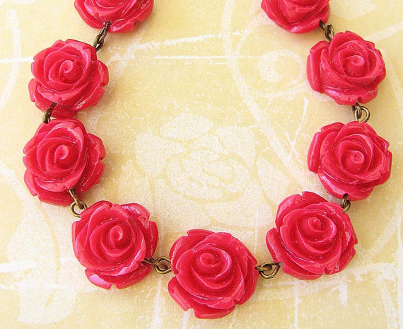 Wedding - Red Rose Necklace Flower Necklace Bridesmaid Jewelry Rose Jewelry Red Statement Necklace Romantic Wedding Gift Beadwork
