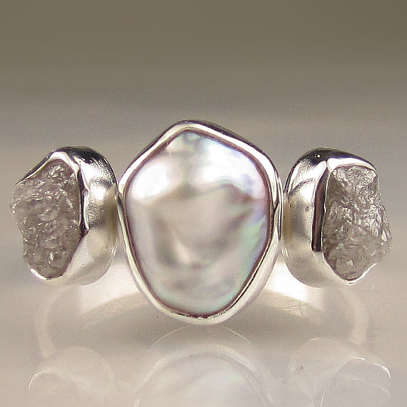 Свадьба - Baroque Pearl and Rough Diamond Ring - Three Stone Ring in Recycled Palladium Sterling - Made To Order Engagement Ring