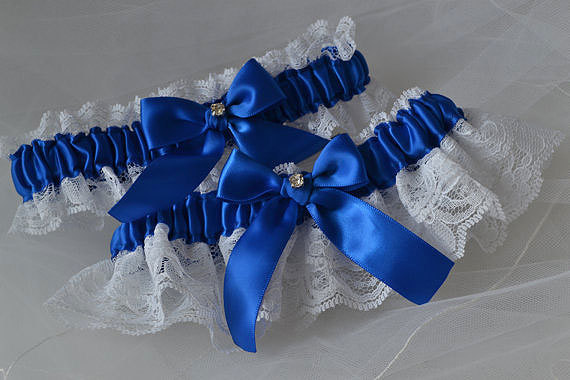 Hochzeit - Bridal Garter Set Wedding Garter Set Royal Blue and White Raschel Lace