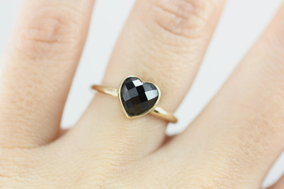 Wedding - Size 5.25 - Elegant Natural Black Spinel Gemstone Heart Ring - Recycled 14k Yellow Gold - Wedding Engagement Promise Ring - Ready to Ship
