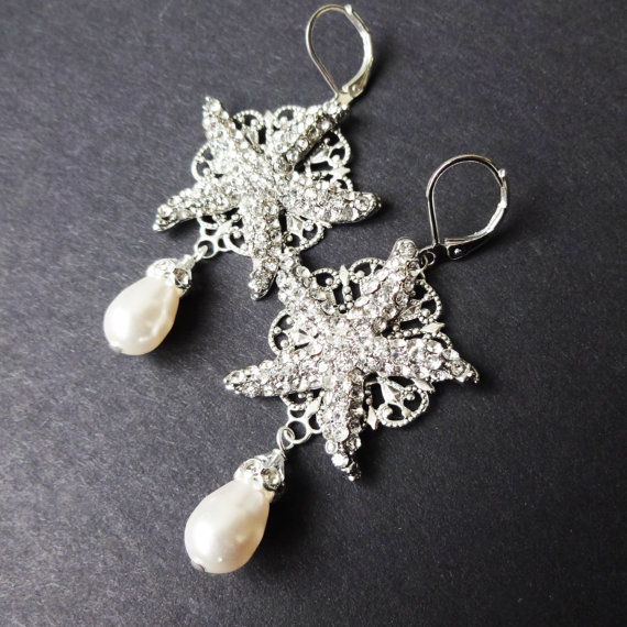 Hochzeit - Bridal Starfish Earrings, Pearl Starfish Wedding Earrings, Beach Wedding, Destination Wedding Jewelry, Dangly Starfish Earrings, SEA MAIDEN