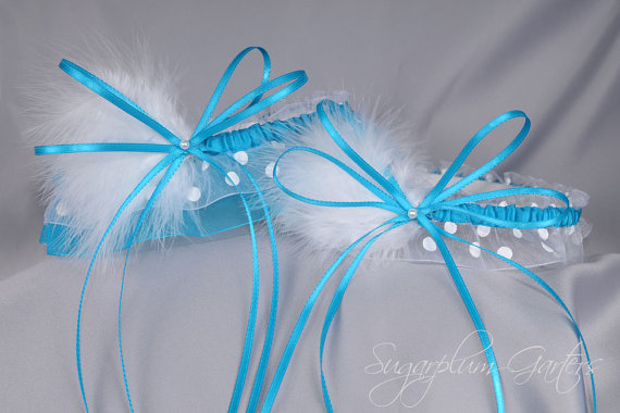 Hochzeit - Wedding Garter Set in Turquoise and White Polka Dot with Pearls and Marabou Feathers
