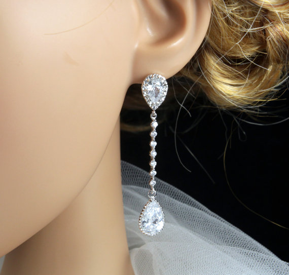 Wedding - Padma - Silver Crystal Teardrop Wedding Earrings, Bridesmaid Earrings, Bridal Jewelry, Wedding Jewelry,Cubic Zirconia