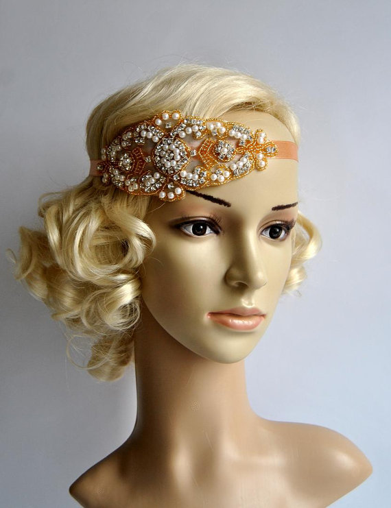زفاف - Gold Pearl Rhinestone flapper Gatsby Headband, Wedding bridal Headband,Crystal Headband  Headpiece,Bridal Headpiece, 1920s Flapper headband