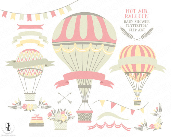 زفاف - Hot air balloon, flower basket, floral wreaths, ribbons, baby shower, borders, vector, clip art, laurels, wedding invitation, baby girl