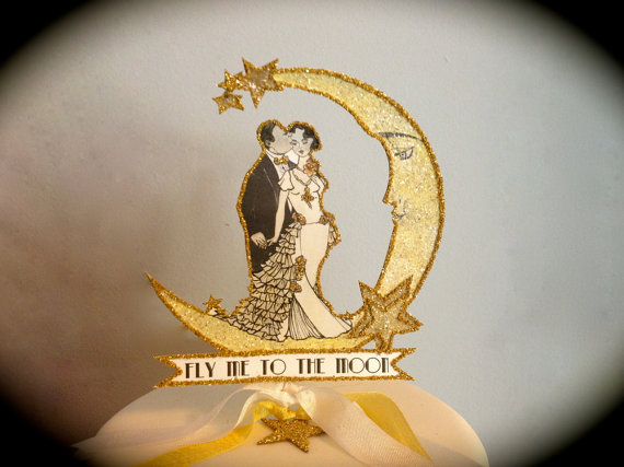 زفاف - Luminescent Moon Wedding Cake Topper - Glam - Gold Glitter- Custom Painted