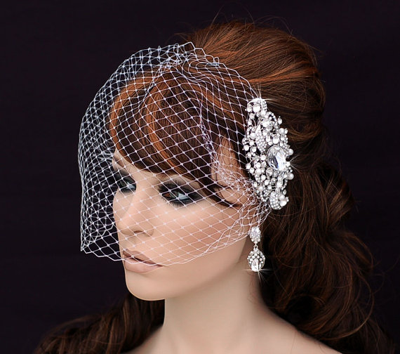 Mariage - Crystal Comb and Birdcage Veil , Bird Cage Veil , Bridal Comb ,  Wedding Comb , Bachelorette Blusher , Bridal Hair Accessory , Crystal Veil