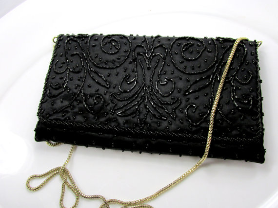 زفاف - Vintage Clutch Black La Regale Ltd Handmade Seed Bead Convertible Clutch Evening Bag Wedding Bridal Item 883