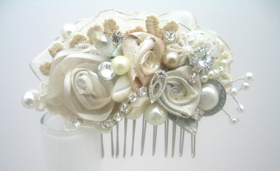 Wedding - Vintage Inspired Ivory Bridal Hair Clip- Lace & Floral Wedding Hair Piece- Wedding Hair Accessories- Statement Hairclip- Brass Boheme