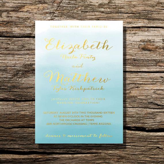 Wedding - Printable Wedding Invitation Ocean Blue Watercolor Floral Invite with Calligraphy Gold Foil Accents -  DIY Printable Wedding Invite