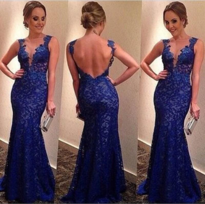 Mariage - Sexy 2015 Evening Dresses Lace Blue Sheath Sleeveless Applique Backless V-Neck Vestidos De Novias Party Formal Prom Gowns Ball Custom Made Online with $93.53/Piece on Hjklp88's Store 