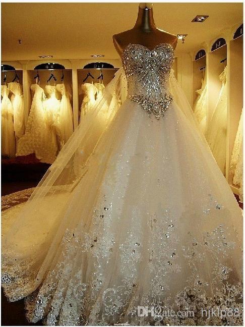 Mariage - 2014 Newest Romantic Luxury Bride Dress Crystals Cathedral Wedding Dresses Online with $276.44/Piece on Hjklp88's Store 