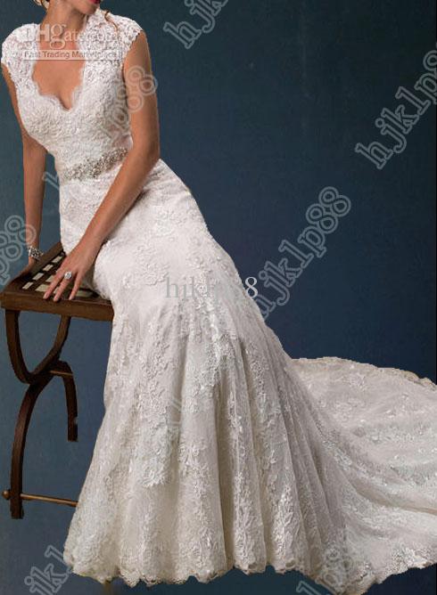 Mariage - Slim Lace Cap Sleeve V-neck Ivory Wedding Dresses Hollow Back Chapel Carolina Bridal Dress Gown12403 Online with $131.73/Piece on Hjklp88's Store 