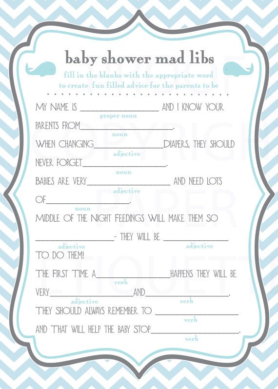 INSTANT UPLOAD Whale Baby Shower Game Mad Libs Blue And Gray Chevron
