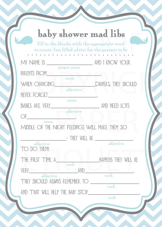 Mariage - INSTANT UPLOAD Whale Baby Shower Game Mad Libs - Blue And Gray Chevron - Print Your Own