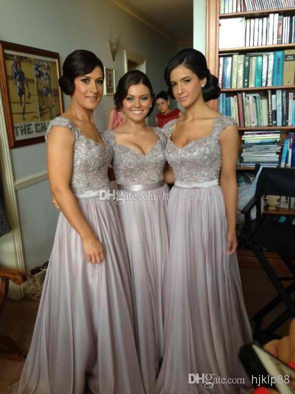 زفاف - Silver Chiffon Lace Custom Made 2014 New Big Discount Cap Sleeve Long Bridesmaid Dresses Formal Dresses with Ribbon Sop04, $67.41 