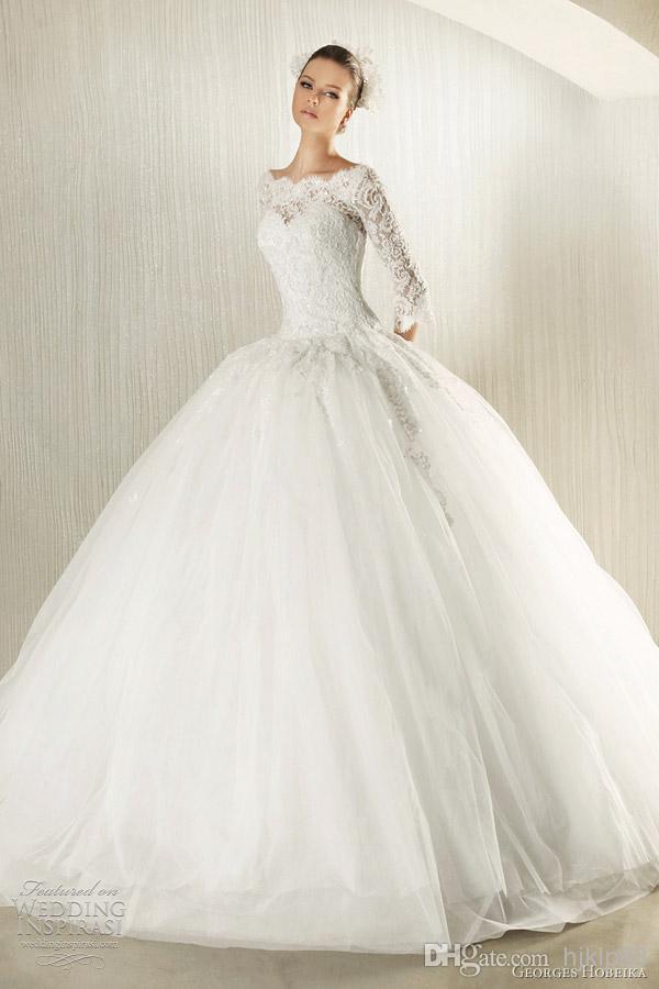 Mariage - Illusion Bateau 3/4 Lace Long Sleeve Beaded Appliques Tulle Sweep Train Winter/Spring/Fall 2013 Empire Ball Gown Wedding Dresses Bridal Gown Online with $121.64/Piece on Hjklp88's Store 