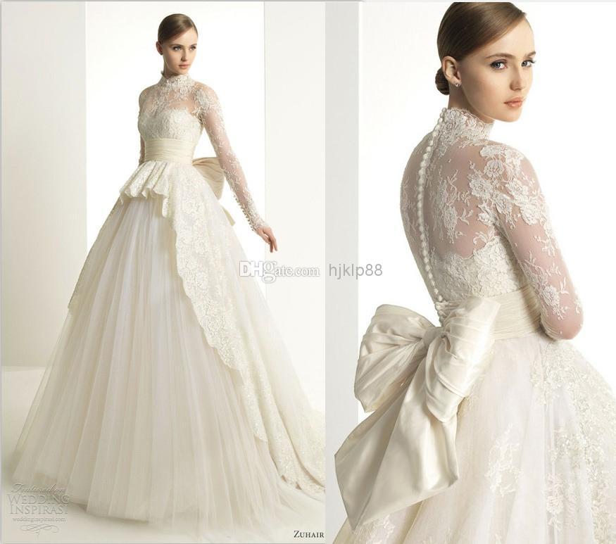 Wedding - Zuhair Murad 2013 New Luxury Lace Long Sleeve Wedding Dress High Neck Ball Gown Bowknot Button Tulle/Lace Bridal Gowns Online with $121.64/Piece on Hjklp88's Store 