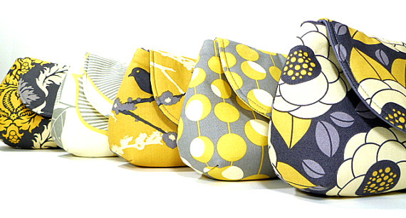 Wedding - Bridesmaid Clutches Bridal Party Bags Wedding Clutch Choose Your Fabric Gray Yellow Set of 6