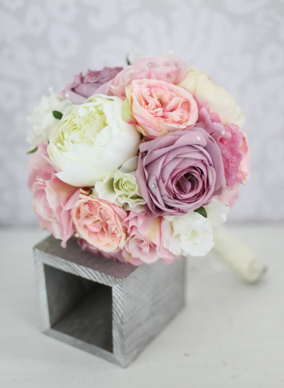 زفاف - Silk Bride Bouquet Peony Pink Cream Purple Rhinestones Pearls Shabby Chic Wedding Decor