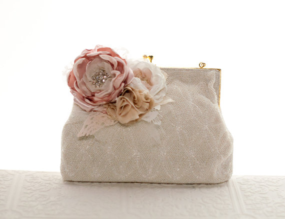 Wedding - Bridal beaded vintage clutch purse with flowers, wedding purse, bridal framed clutch handbag, ivory, blush, champagne reclaimed vintage