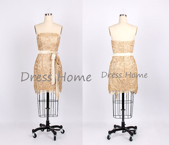 Mariage - Short Bridesmaid Dress - Champagne Lace bridesmaid Dress / Knee Length Cheap Plus Size bridesmaid Dress /Champagne Bridesmaid Dress DH142