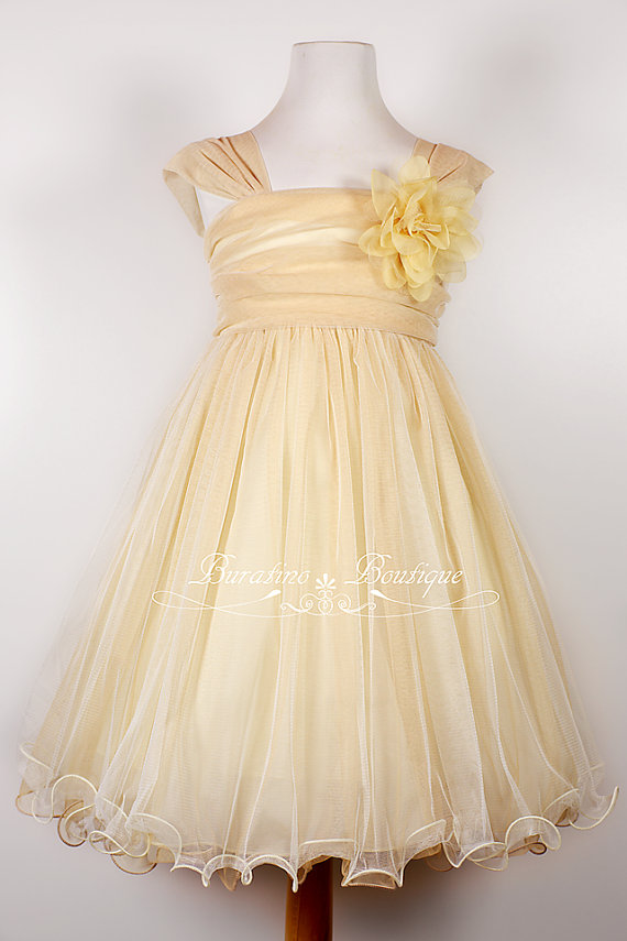 زفاف - Flower Girl Dress, Special Occasion dress, Champagne, Ivory double mesh overlay dress (ets0145)